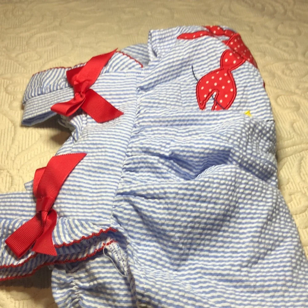 Goodlad crepe baby Blue and White Striped crepe one piece with Red Crab Design